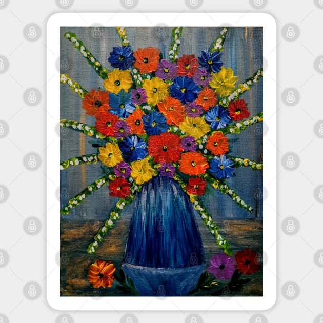 A stunning painting of some mixed flowers in a glass vase Sticker by kkartwork